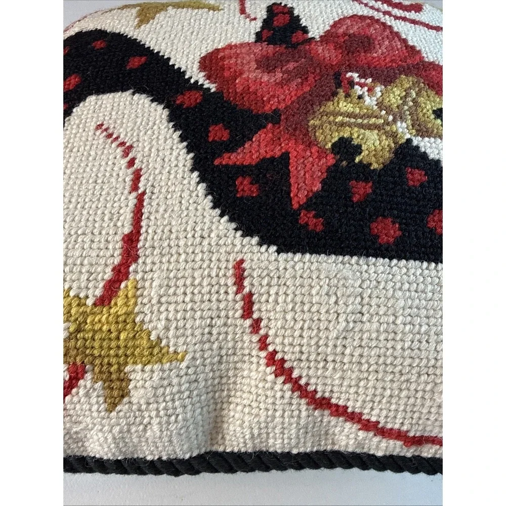 Stephanie Stouffer Needlepoint Christmas Shoe with Bow Pillow  11 X 11 Inches